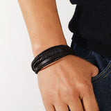Multi-Layer Rope Ring Black Leather Stainless Steel Wrist Wrap Band Strand Bracelet For Men