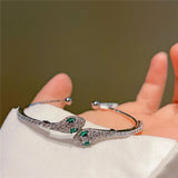 Studded Green Emerald Snake Silver Cubic Zirconia Cuff Kada Bangle for Women