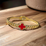 Clover Flower Red Stainless Steel 18K Gold Anti Tarnish Kada Bracelet For Women