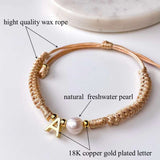 A Personalised Letter Alphabet Initial Pearl Braided Beige Rope Adjustable Thread Bracelet