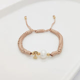 A Personalised Letter Alphabet Initial Pearl Braided Beige Rope Adjustable Thread Bracelet