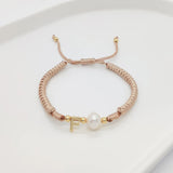 A Personalised Letter Alphabet Initial Pearl Braided Beige Rope Adjustable Thread Bracelet