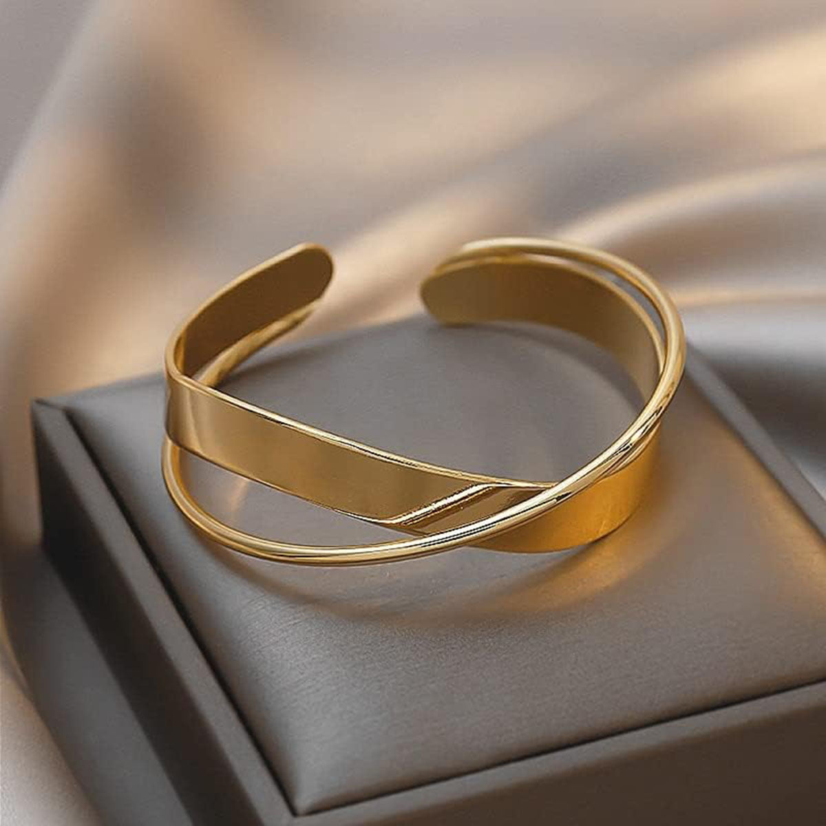 Twisted Cross Over 18K Gold Anti Tarnish Bracelet Cuff For Women