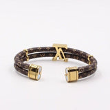 Dual Layer Brown 18K Gold Anti Tarnish Stainless Steel Leather Bracelet For Women