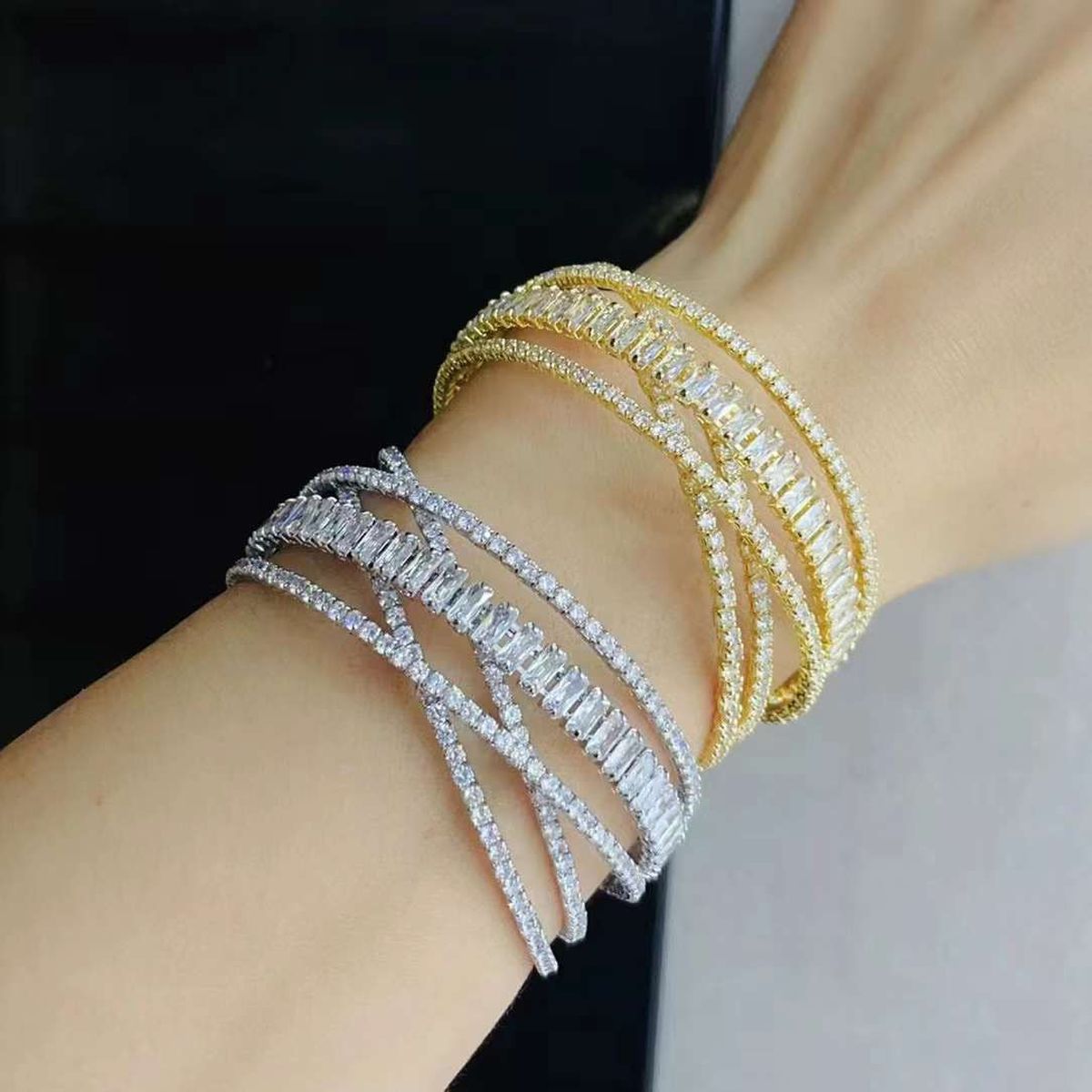 Cross Over Baguette Cubic Zirconia 18K Gold Anti Tarnish Bracelet Cuff For Women