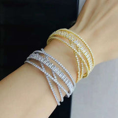 Cross Over Baguette Cubic Zirconia 18K Gold Anti Tarnish Bracelet Cuff For Women