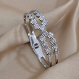 Daisy Flower Cubic Zirconia Silver Anti Tarnish Openable Kada Bracelet For Women