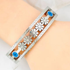 Daisy Flower Evil Eye Enamel Blue Silver Anti Tarnish Openable Kada Bracelet For Women