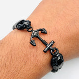 Anchor Dual layer Rope Black Silver Stainless Steel Anti Tarnish Leather Bracelet For Men