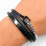 Rope Triple Layer Black Silver Stainless Steel Anti Tarnish Leather ID Bracelet For Men