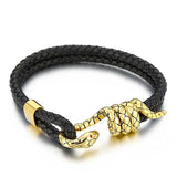 Snake Black Silver Stainless Steel Anti Tarnish Leather Bracelet For Men