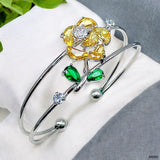 Flower Green Silver Cubic Zirconia Crystal Anti Tarnish Cuff Bracelet For Women