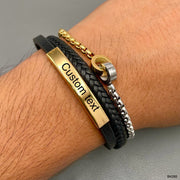 Customized Personalized Letter Rope Chain Id Black 18K Gold Stainless Steel Leather Bracelet For Men