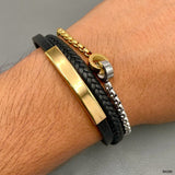 Customized Personalized Letter Rope Chain Id Black 18K Gold Stainless Steel Leather Bracelet For Men