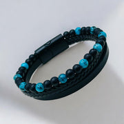 Layer Blue Black Beads Vegan Leather Bracelet For Men