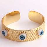 Dented Evil Eye Blue 18K Gold Beads Anti Tarnish Cuff Bracelet For Women