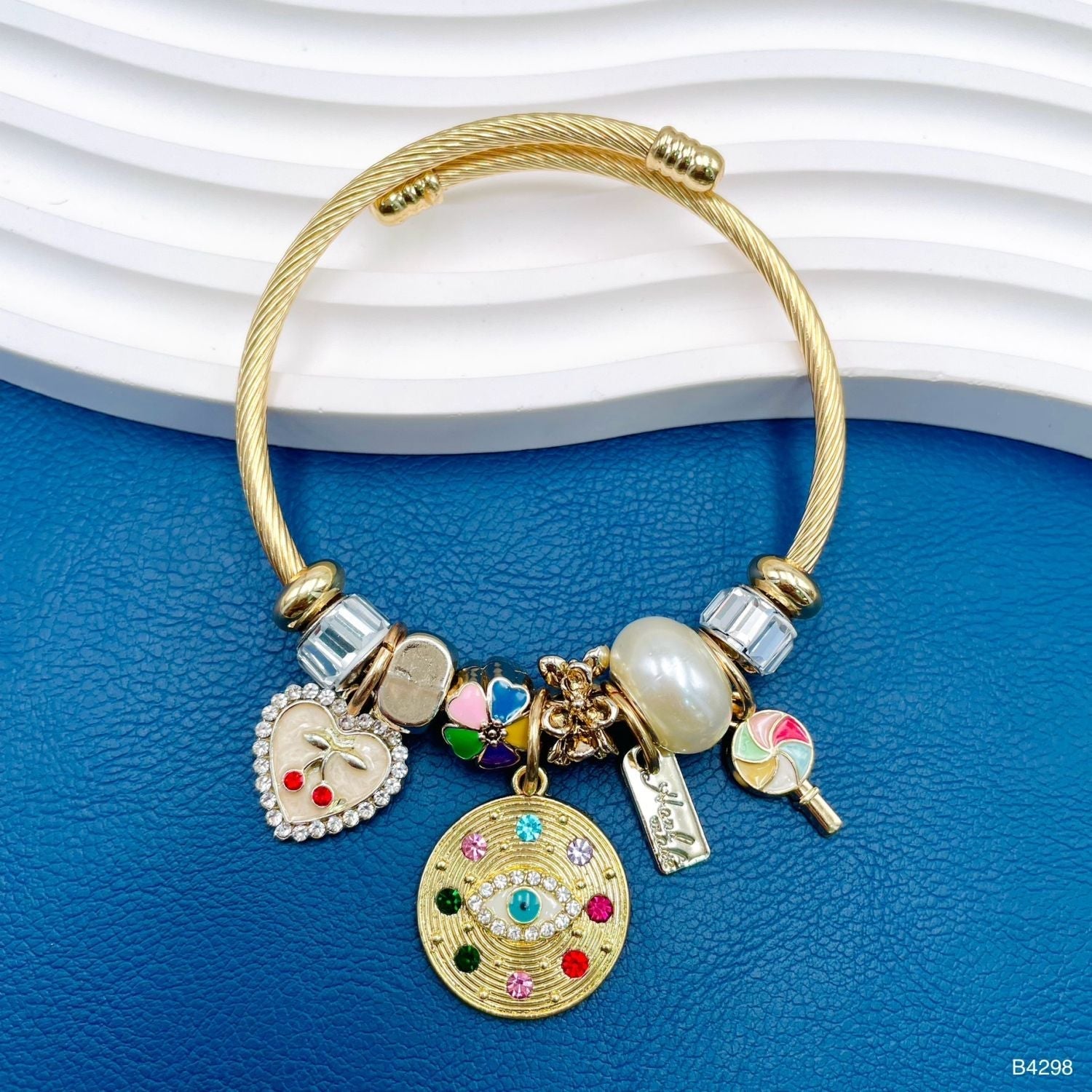 Heart Evil Eye Navratna Multi 18K Gold Beads Crystal Enamel Anti Tarnish Charm Bracelet For Women