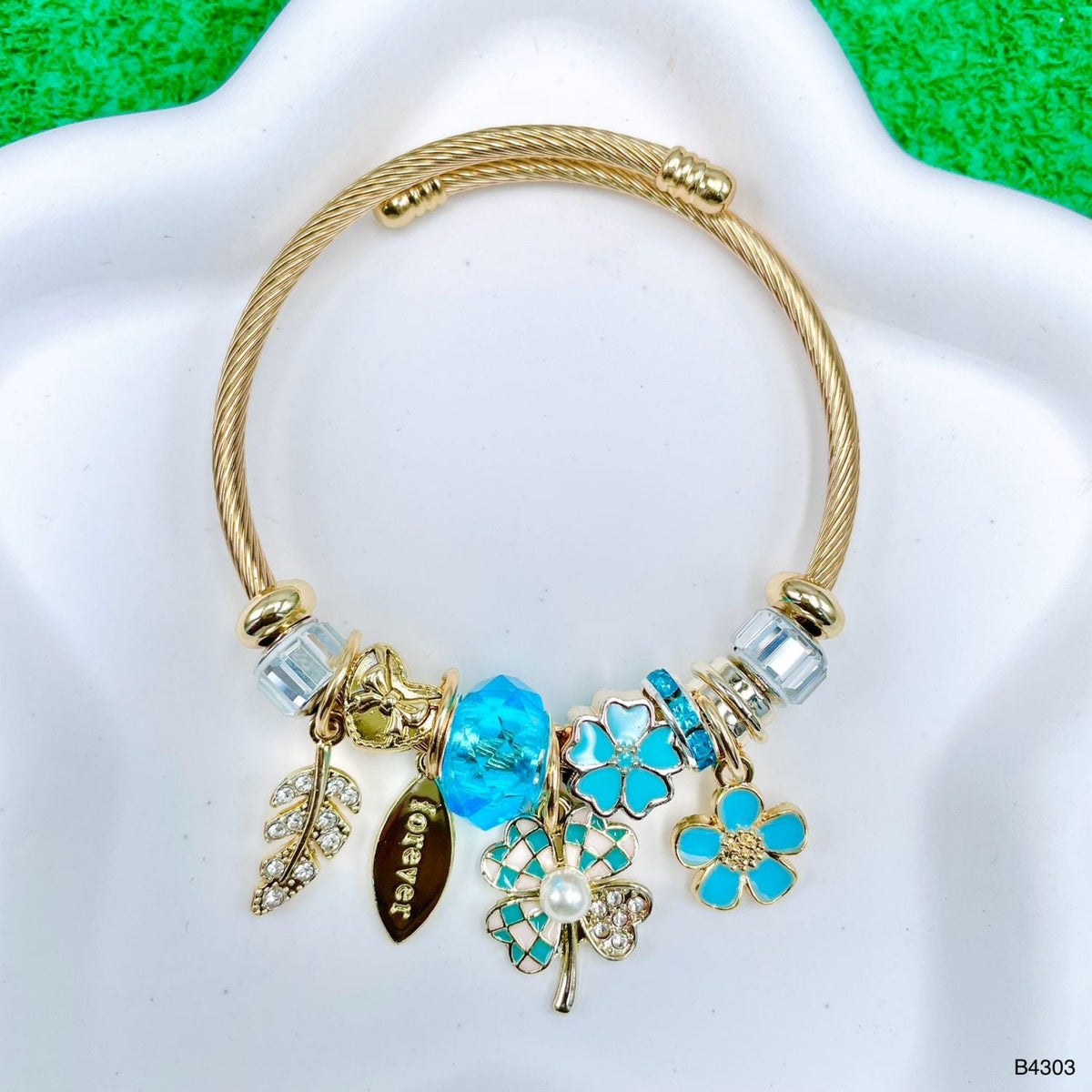 Flower Leaf Blue 18K Gold Beads Cubic Zirconia Enamel Anti Tarnish Charm Bracelet For Women