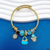 Hamsa Evil Eye Hand Bags Blue 18K Gold Beads Cubic Zirconia Enamel Anti Tarnish Charm Bracelet For Women