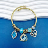 Heart Flower Blue 18K Gold Beads Cubic Zirconia Enamel Anti Tarnish Charm Bracelet For Women