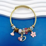 Heart Flower Pink 18K Gold Beads Cubic Zirconia Enamel Anti Tarnish Charm Bracelet For Women