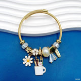 Daisy Flower White 18K Gold Beads Cubic Zirconia Enamel Anti Tarnish Charm Bracelet For Women