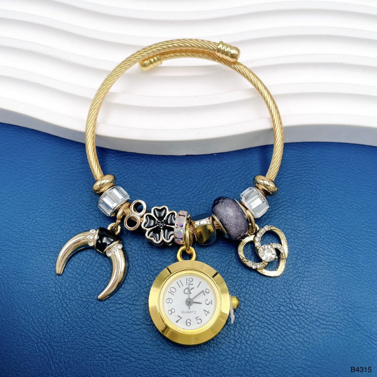 Watch Heart Multi 18K Gold Beads Cubic Zirconia Anti Tarnish Charm Bracelet For Women