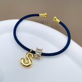 Customized Personalized Initial Letter A Blue 18K Gold Cubic Zirconia Anti Tarnish Charm Cuff Bracelet For Women