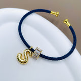 Customized Personalized Initial Letter A Blue 18K Gold Cubic Zirconia Anti Tarnish Charm Cuff Bracelet For Women