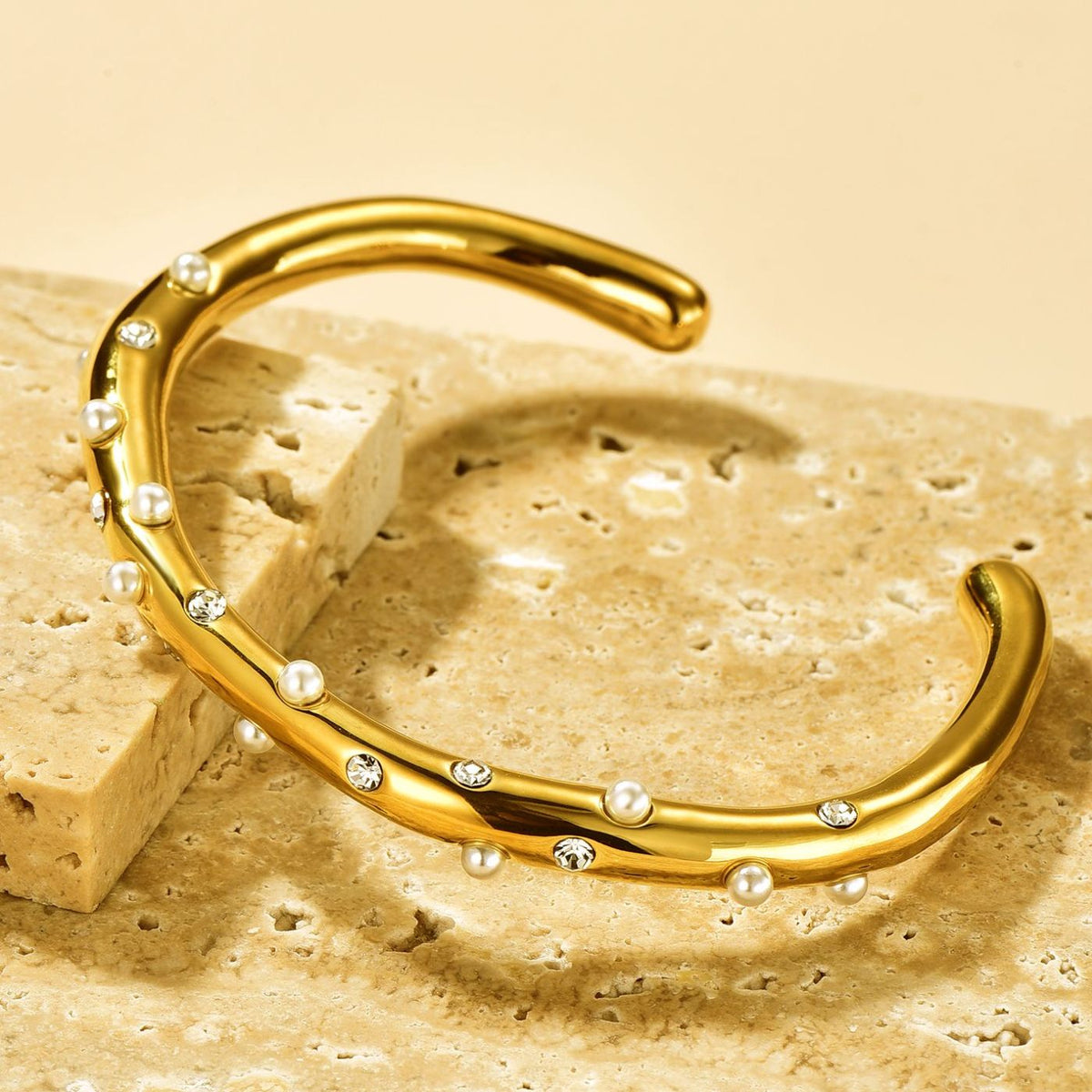 Dented 18K Gold Pearl Cubic Zirconia Anti Tarnish Cuff Bracelet