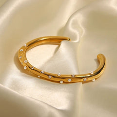 Dented 18K Gold Pearl Cubic Zirconia Anti Tarnish Cuff Bracelet