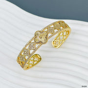 Clover Flower 18K Gold Cubic Zirconia Anti Tarnish Cuff Bracelet For Women