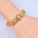 Clover Flower 18K Gold Cubic Zirconia Anti Tarnish Cuff Bracelet For Women