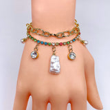 Rainbow Multi 18K Gold Cubic Zirconia Pearl Anti Tarnish Charm Link Layer Bracelet For Women