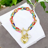 Heart Rainbow Multi 18K Gold Pearl Enamel Anti Tarnish Charm Link Bracelet For Women