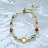 Heart Rainbow Multi 18K Gold Pearl Anti Tarnish Charm Adjustable Slider Bracelet For Women