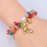 Teddy Bear Rainbow Multi 18K Gold Cubic Zirconia Pearl Anti Tarnish Charm Bracelet For Women