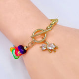 Teddy Bear Rainbow Multi 18K Gold Cubic Zirconia Beads Anti Tarnish Charm Link Bracelet For Women