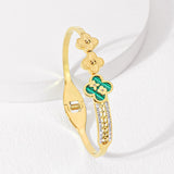 Clover Flower Green 18K Gold Cubic Zirconia Stainless Steel Kada Bracelet For Women