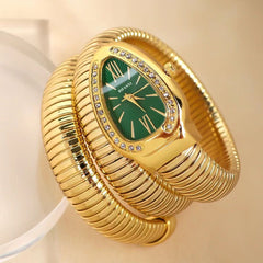 Snake Cubic Zirconia Green 18K Gold Stainless Steel Anti Tarnish Watch Bracelet For Women