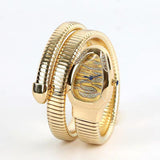 Wave Stripe Dial Yellow 18K Gold Cubic Zirconia Stainless Steel Flexible Stackable Watch Snake Bracelet For Women