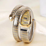 Wave Stripe Dial Yellow 18K Gold Cubic Zirconia Stainless Steel Flexible Stackable Watch Snake Bracelet For Women