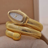 Wave Stripe Dial Yellow 18K Gold Cubic Zirconia Stainless Steel Flexible Stackable Watch Snake Bracelet For Women