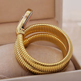 Wave Stripe Dial Yellow 18K Gold Cubic Zirconia Stainless Steel Flexible Stackable Watch Snake Bracelet For Women