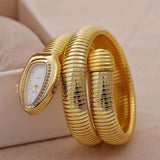 Wave Stripe Dial Yellow 18K Gold Cubic Zirconia Stainless Steel Flexible Stackable Watch Snake Bracelet For Women