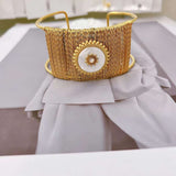 Sun Statement Mesh White 18K Gold Mother Of Pearl Anti Tarnish Stainless Steel Cuff Bracelet For Women