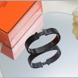 H Lock Black Silver Enamel Anti Tarnish Kada Bracelet For Women Men