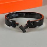 H Lock Black Silver Enamel Anti Tarnish Kada Bracelet For Women Men