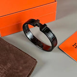 H Lock Black Silver Enamel Anti Tarnish Kada Bracelet For Women Men