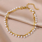 Dual Layer Pearl White 18K Gold Stainless Steel Anti Tarnish Link Chain Bracelet For Women